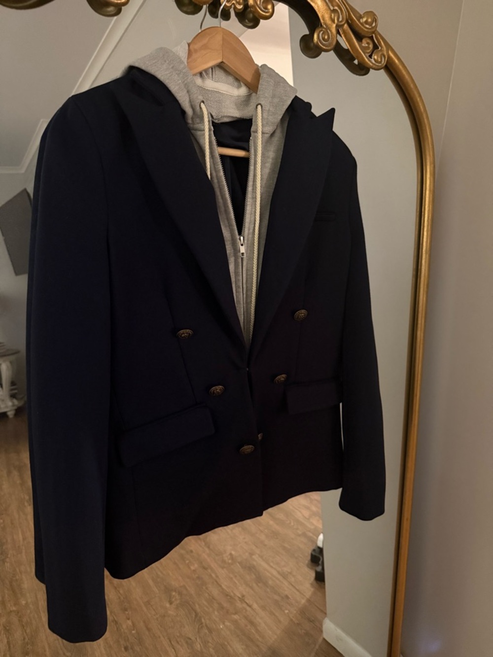Central Park West Women's Double-Breasted Navy Blazer with Gray Dickie/Hoodie